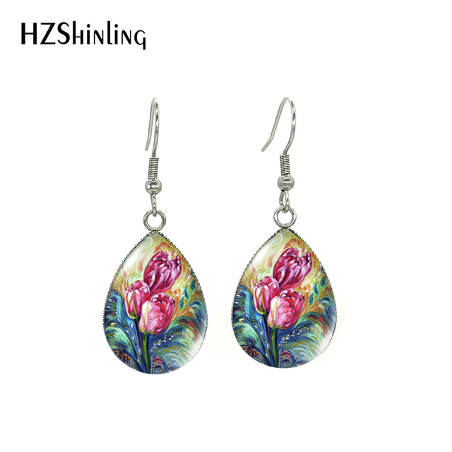 Ręcznie robione kolczyki kwiaty tulipan malowanie – niebieskie, czerwone, fioletowe - Wianko - 5