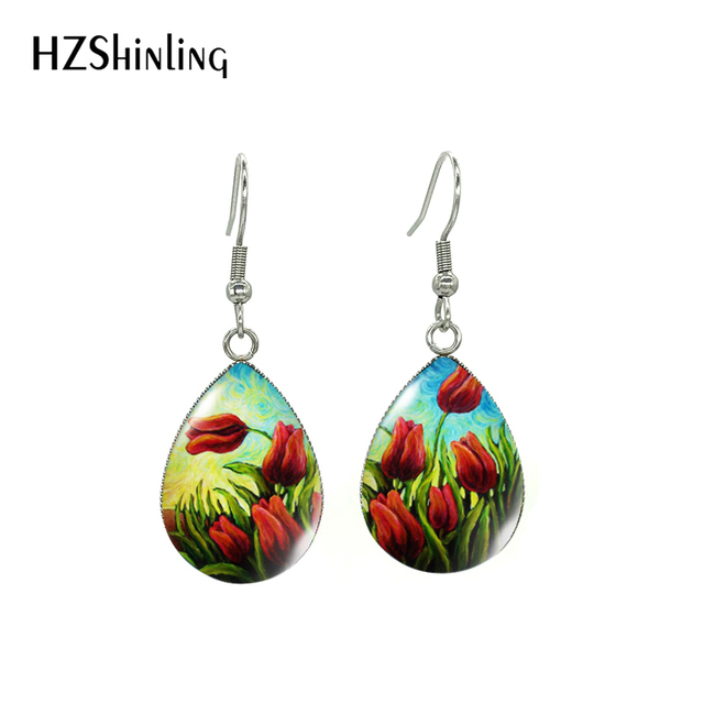 Ręcznie robione kolczyki kwiaty tulipan malowanie – niebieskie, czerwone, fioletowe - Wianko - 7
