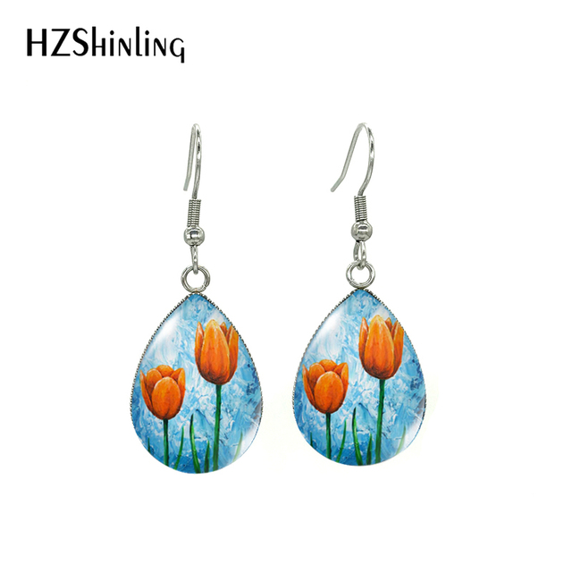Ręcznie robione kolczyki kwiaty tulipan malowanie – niebieskie, czerwone, fioletowe - Wianko - 3