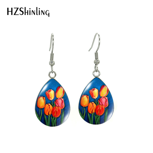Ręcznie robione kolczyki kwiaty tulipan malowanie – niebieskie, czerwone, fioletowe - Wianko - 1