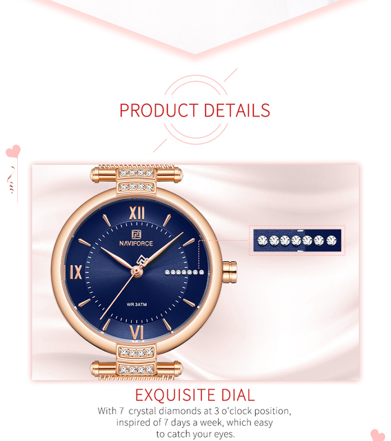 Modny zegarek damski NAVIFORCE Luxury Brand ze stalowym paskiem, skalą rzymską i diamentami - Wianko - 3