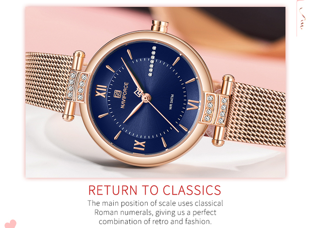 Modny zegarek damski NAVIFORCE Luxury Brand ze stalowym paskiem, skalą rzymską i diamentami - Wianko - 4