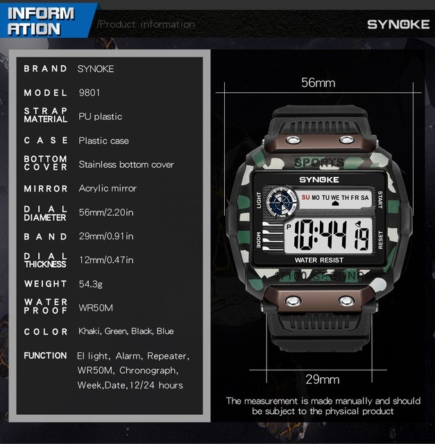 Męski zegarek SYNOKE G-Style Shock 50M z funkcją wodoodporności, cyfrowym wyświetlaczem LED i datą - Wianko - 10