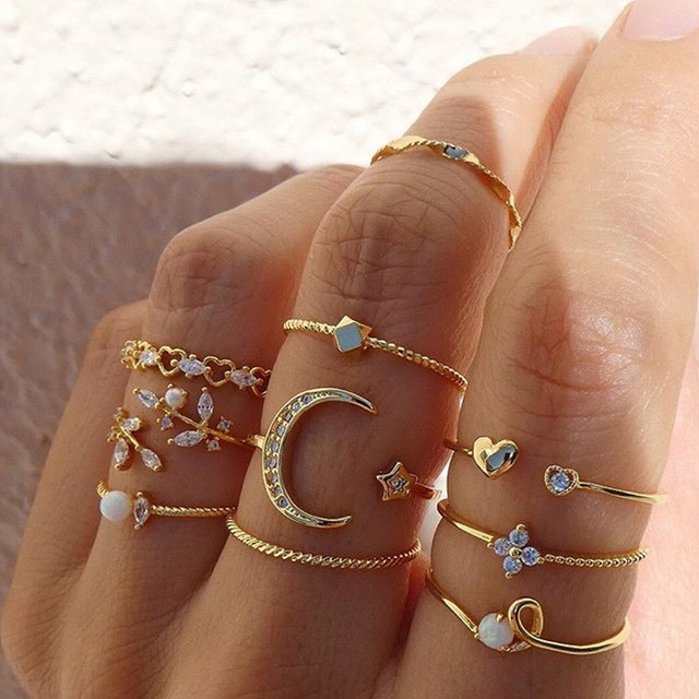 Zestaw luksusowych pierścieni Moon Star - biżuteria dla kobiet w stylu punk z czeskim złotym wzorem - Wianko - 1