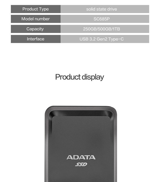 ADATA SC685P - ultra cienki przenośny dysk SSD 1TB/500GB/250GB, USB 3.2 Gen 2 type-c, dla laptopa - Wianko - 7