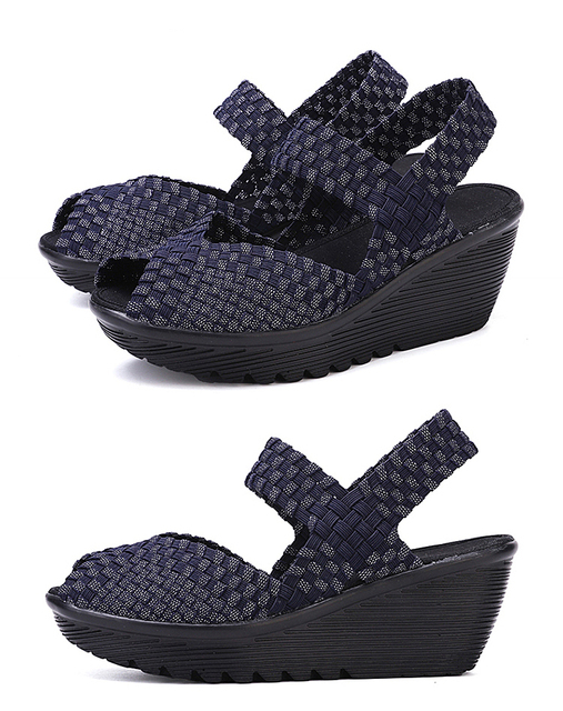Sandals dla kobiet - letnie klapki damskie z wysokim 6CM klinem i tkane wierzchnie powierzchnie - czarne - Wianko - 16