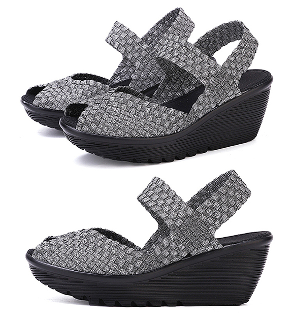 Sandals dla kobiet - letnie klapki damskie z wysokim 6CM klinem i tkane wierzchnie powierzchnie - czarne - Wianko - 18