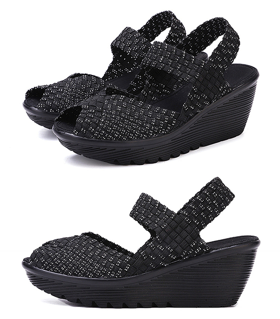 Sandals dla kobiet - letnie klapki damskie z wysokim 6CM klinem i tkane wierzchnie powierzchnie - czarne - Wianko - 17