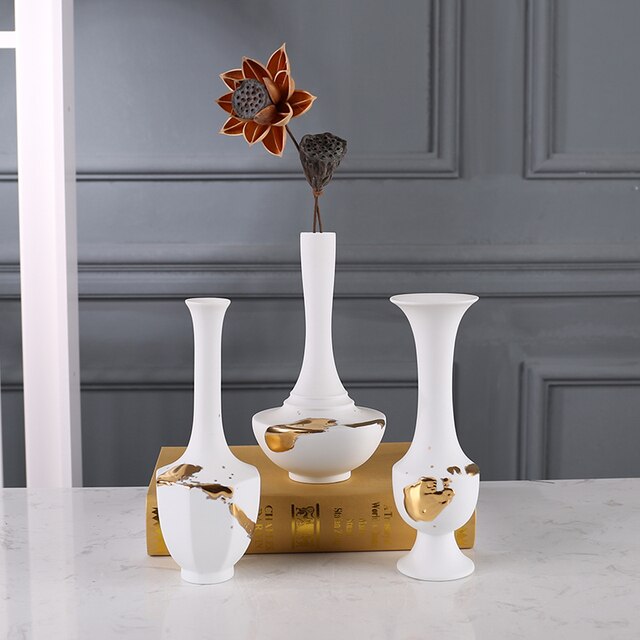 Wazon ceramiczny w stylu retro z pozłacanym wzorem, długa szyja, dekoracja kwiatowa, element wyposażenia wnętrza - Wianko - 1