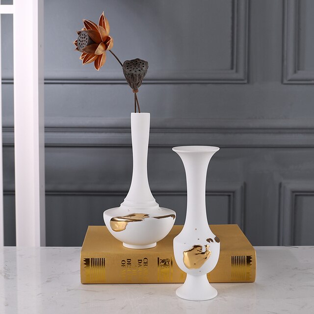 Wazon ceramiczny w stylu retro z pozłacanym wzorem, długa szyja, dekoracja kwiatowa, element wyposażenia wnętrza - Wianko - 3
