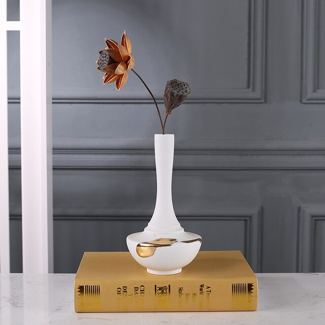 Wazon ceramiczny w stylu retro z pozłacanym wzorem, długa szyja, dekoracja kwiatowa, element wyposażenia wnętrza - Wianko - 2