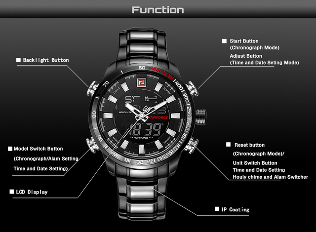 NAVIFORCE luksusowy zegarek męski kwarcowy z pełną stalową bransoletką, cyfrowy i wodoodporny - Wianko - 2
