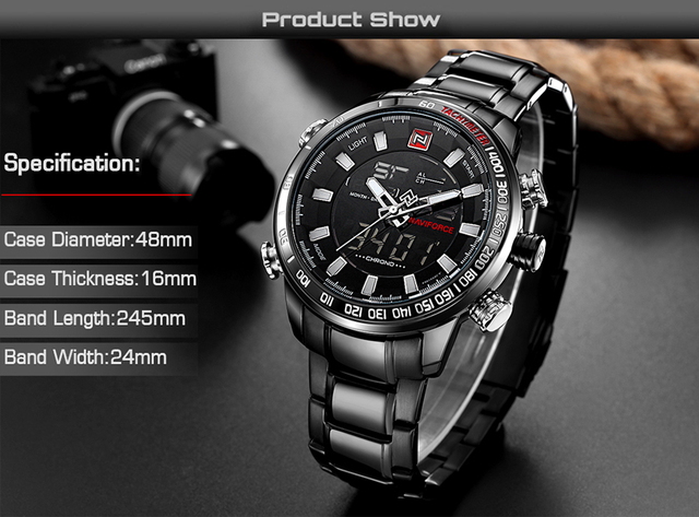 NAVIFORCE luksusowy zegarek męski kwarcowy z pełną stalową bransoletką, cyfrowy i wodoodporny - Wianko - 3