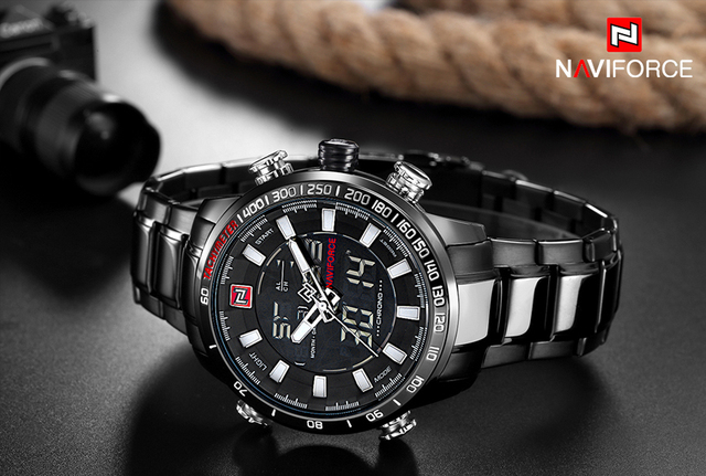 NAVIFORCE luksusowy zegarek męski kwarcowy z pełną stalową bransoletką, cyfrowy i wodoodporny - Wianko - 1