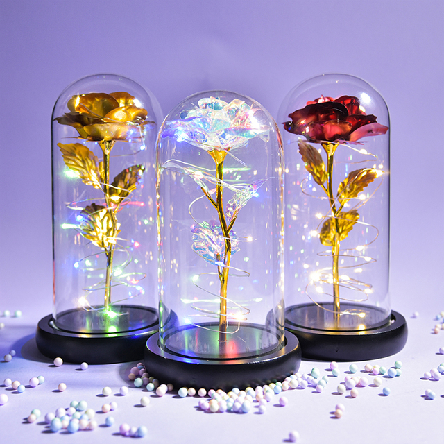 Sztuczne kwiaty Boże Narodzenie w szklanej kopule z oświetleniem LED - piękna i bestia wieczna galaktyka róża ślub walentynki prezenty - Wianko - 3