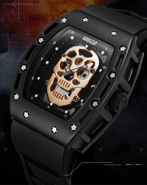 Baogela BGL1612G-1 - męski zegarek kwarcowy z czarnym silikonowym paskiem i prostokątną tarczą z motywem czaszki - Wianko - 3