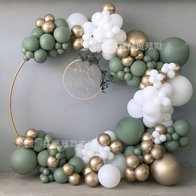 Retro zielona oliwkowa girlanda balonów łukowych z szałwią zieloną, kością słoniową i chromowanym złotem dla nowożeńców i Baby Shower - Wianko - 5