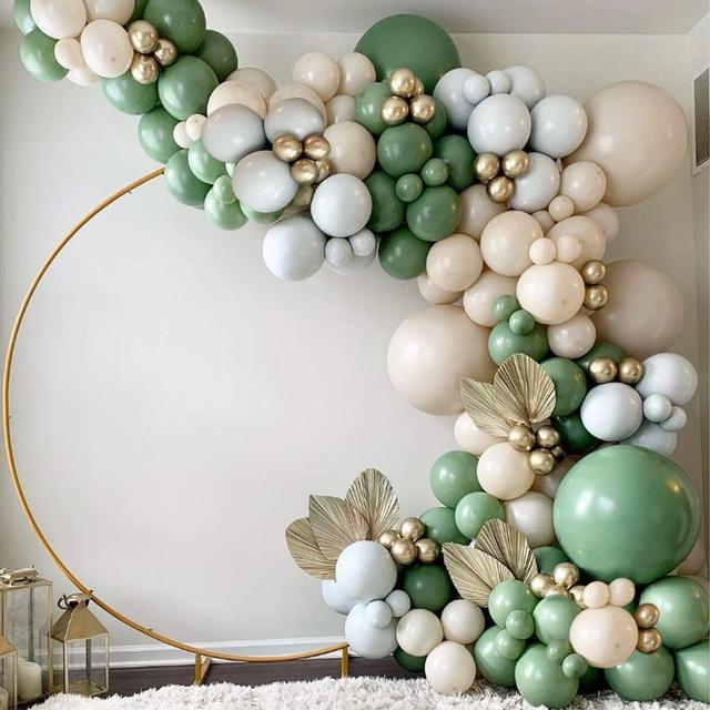 Retro zielona oliwkowa girlanda balonów łukowych z szałwią zieloną, kością słoniową i chromowanym złotem dla nowożeńców i Baby Shower - Wianko - 9