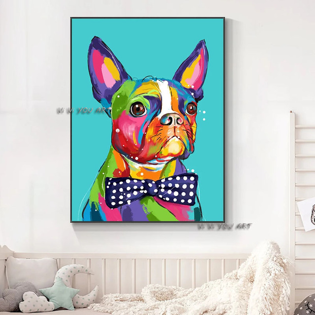 100% ręcznie malowany obraz olejny na płótnie - kolorowy pies z fioletowym łukiem - nordyckie zwierzę - dekoracja do pokoju dziecięcego - Wianko - 3