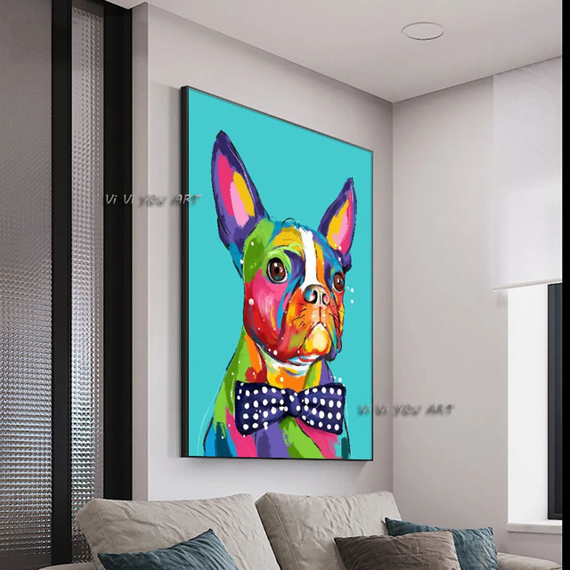 100% ręcznie malowany obraz olejny na płótnie - kolorowy pies z fioletowym łukiem - nordyckie zwierzę - dekoracja do pokoju dziecięcego - Wianko - 4