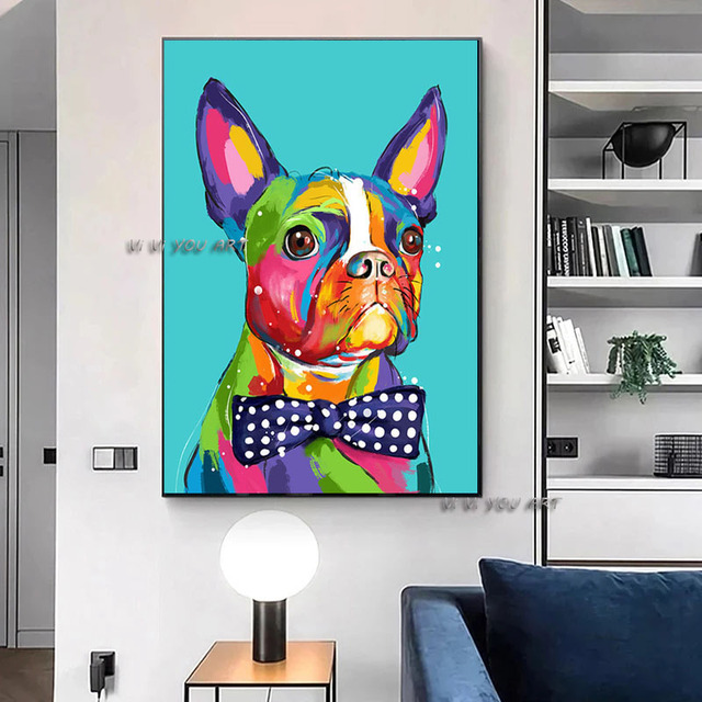 100% ręcznie malowany obraz olejny na płótnie - kolorowy pies z fioletowym łukiem - nordyckie zwierzę - dekoracja do pokoju dziecięcego - Wianko - 5