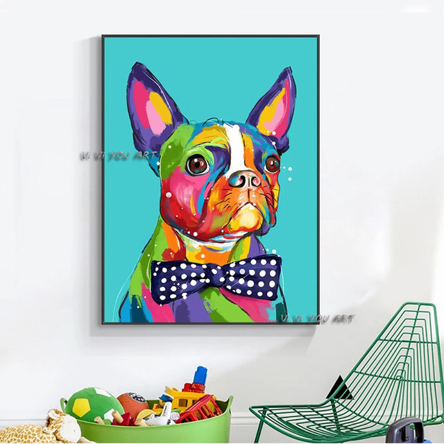 100% ręcznie malowany obraz olejny na płótnie - kolorowy pies z fioletowym łukiem - nordyckie zwierzę - dekoracja do pokoju dziecięcego - Wianko - 1