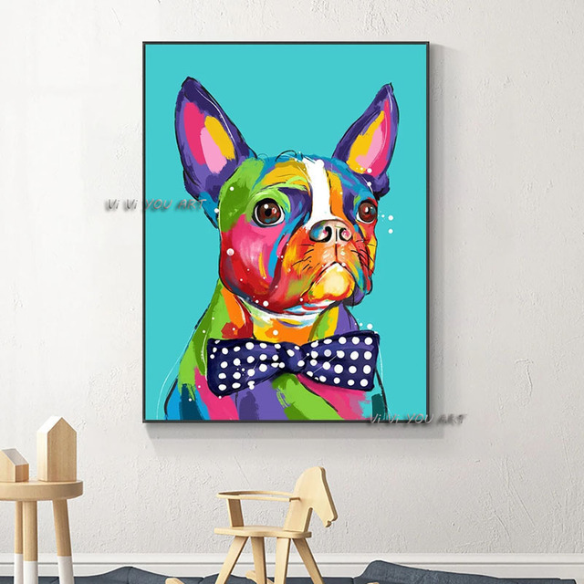 100% ręcznie malowany obraz olejny na płótnie - kolorowy pies z fioletowym łukiem - nordyckie zwierzę - dekoracja do pokoju dziecięcego - Wianko - 2