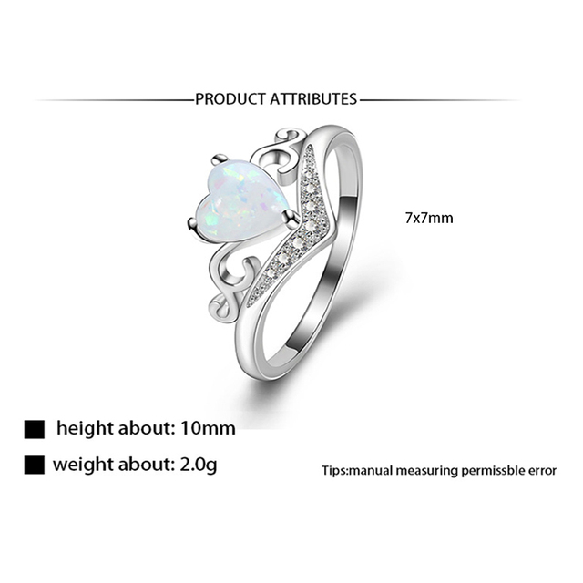 Pierścień dla kobiet - wzór z sercem, cyrkoniami i opalami, kolor srebrny - Wianko - 7