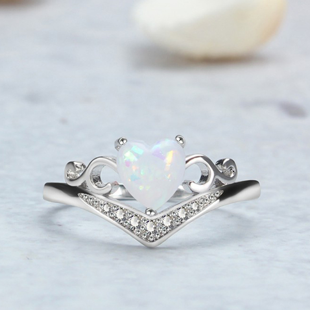 Pierścień dla kobiet - wzór z sercem, cyrkoniami i opalami, kolor srebrny - Wianko - 9