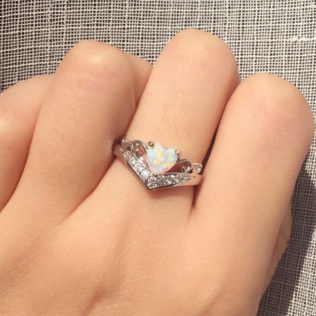 Pierścień dla kobiet - wzór z sercem, cyrkoniami i opalami, kolor srebrny - Wianko - 11