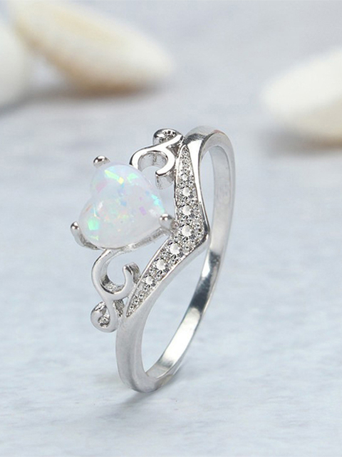 Pierścień dla kobiet - wzór z sercem, cyrkoniami i opalami, kolor srebrny - Wianko - 8
