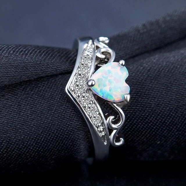 Pierścień dla kobiet - wzór z sercem, cyrkoniami i opalami, kolor srebrny - Wianko - 12