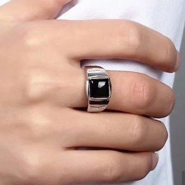 Męski pierścień srebrny 925 z obsydianem i cyrkoniami - biżuteria na ślub, zaręczyny - Wianko - 1