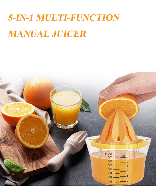 Nowoczesna sokowirówka ręczna z wieloma funkcjami i akcesoriami do wyciskania świeżego soku oraz tarcia cytrusów - pomarańczowy - Wianko - 1