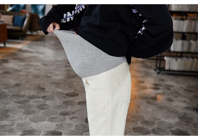 Spodnie dżinsowe dla kobiet w ciąży - Macierzyński brzuch, długa długość, biały, Plus rozmiar, jesienne - Wianko - 12