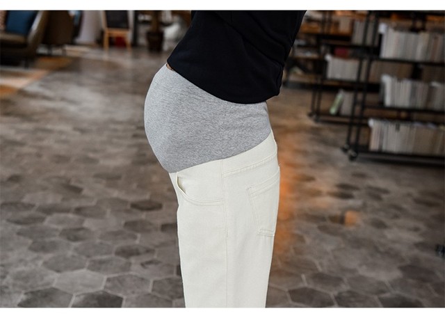 Spodnie dżinsowe dla kobiet w ciąży - Macierzyński brzuch, długa długość, biały, Plus rozmiar, jesienne - Wianko - 11