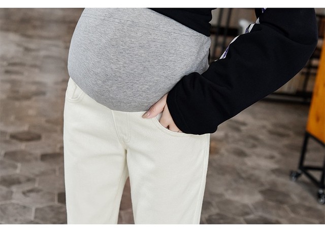 Spodnie dżinsowe dla kobiet w ciąży - Macierzyński brzuch, długa długość, biały, Plus rozmiar, jesienne - Wianko - 14