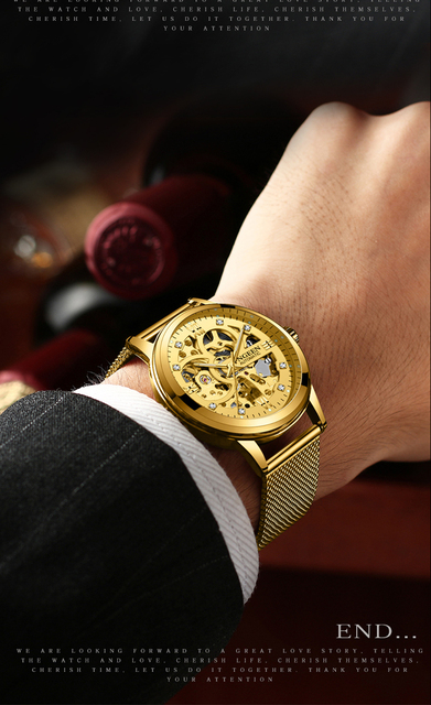Mechaniczny zegarek męski z widocznym mechanizmem i bransoletą z siateczki - złoty - Wianko - 13