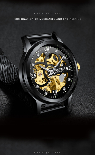Mechaniczny zegarek męski z widocznym mechanizmem i bransoletą z siateczki - złoty - Wianko - 2