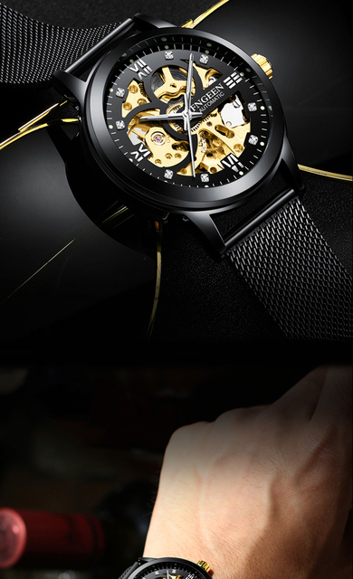 Mechaniczny zegarek męski z widocznym mechanizmem i bransoletą z siateczki - złoty - Wianko - 4