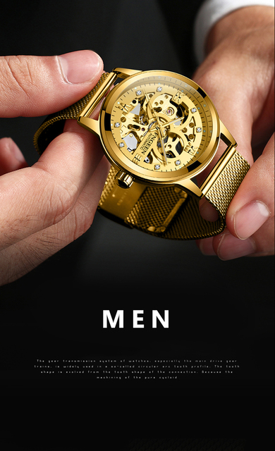 Mechaniczny zegarek męski z widocznym mechanizmem i bransoletą z siateczki - złoty - Wianko - 10