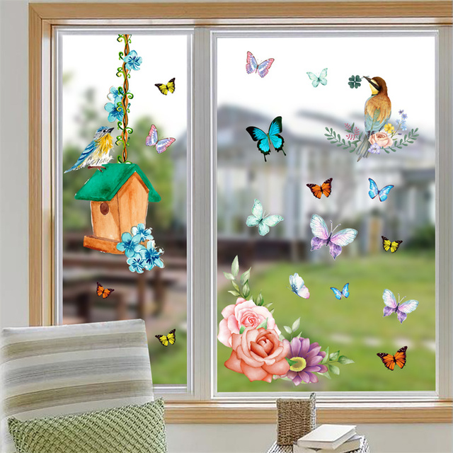 Naklejki na okna - Motyl i ptaki na drzewie, antykolizyjny nonsens, statyczna dekoracja - Wianko - 5