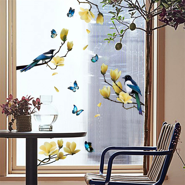 Naklejki na okna - Motyl i ptaki na drzewie, antykolizyjny nonsens, statyczna dekoracja - Wianko - 2