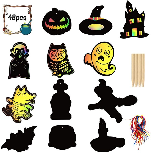 METALE 48 sztuk Halloween - Rzemiosło artystyczne zarysowywanie w tęczowych kolorach - Zamek dyniowy, duch i nietoperz - Drewniane rysiki - Wianko - 1