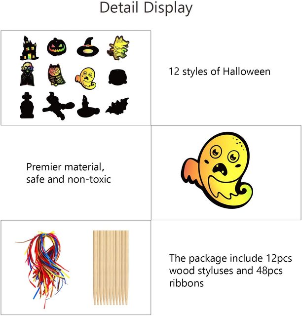 METALE 48 sztuk Halloween - Rzemiosło artystyczne zarysowywanie w tęczowych kolorach - Zamek dyniowy, duch i nietoperz - Drewniane rysiki - Wianko - 5