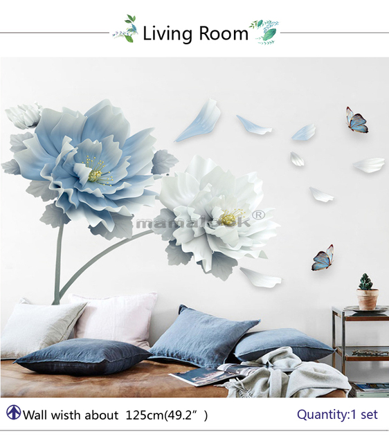 Naklejka 3D na ścianę - duży biały niebieski kwiat lotosu zdejmowana, ozdobne dekoracje do salonu i sypialni - Wianko - 3