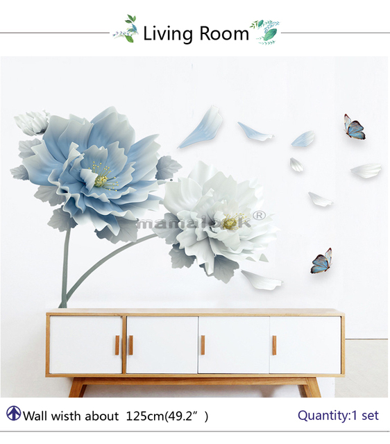 Naklejka 3D na ścianę - duży biały niebieski kwiat lotosu zdejmowana, ozdobne dekoracje do salonu i sypialni - Wianko - 2