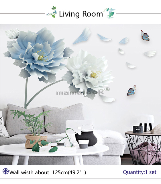 Naklejka 3D na ścianę - duży biały niebieski kwiat lotosu zdejmowana, ozdobne dekoracje do salonu i sypialni - Wianko - 4