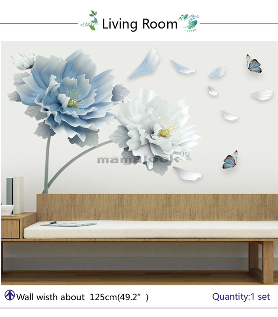 Naklejka 3D na ścianę - duży biały niebieski kwiat lotosu zdejmowana, ozdobne dekoracje do salonu i sypialni - Wianko - 5