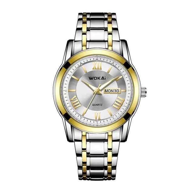Męski zegarek kwarcowy wysokiej jakości WOKAI z podwójnym kalendarzem, stalowy pasek, wodoodporny, świecący (angielski i chiński) - Wianko - 16